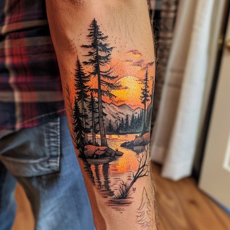 Alaska Landscape Tattoo, Forest On Fire Tattoo, Woodsy Sleeve Tattoo, Outdoor Forearm Tattoo Men, Nature Arm Sleeve Tattoos For Women, Campfire Tattoo Realistic, Sunrise Over Mountains Tattoo, Sunrise Tattoos For Women, Fire Pit Tattoo