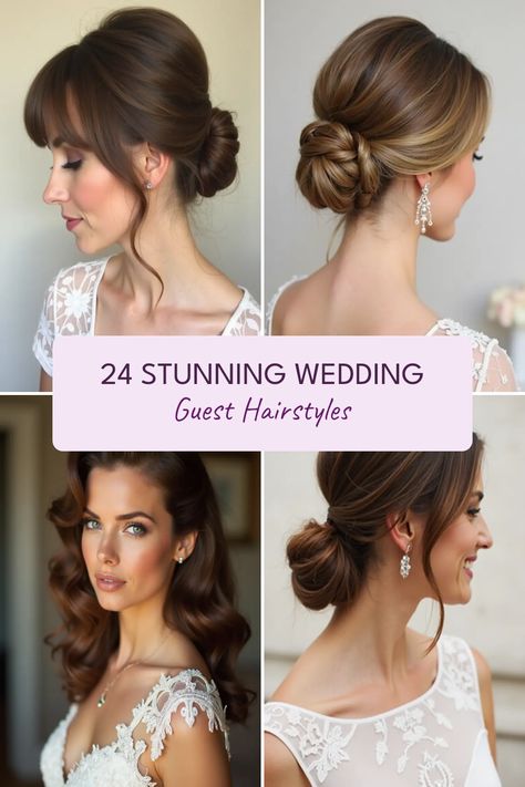 Looking for the perfect hairstyle to shine at the next wedding? Check out these 24 stunning guest hairstyles that will ensure you look fabulous! From elegant updos with bangs to chic low ponytails with twists, we've got styles for every personality. Try classic old Hollywood waves for a timeless look, or go for an effortless loose and low ponytail that’s oh-so-stylish. Each hairstyle is designed to complement your outfit and help you make a statement while you celebrate love. Hair inspo is just a click away! Wedding Guest Hairstyles Humidity, Hair And Makeup For Wedding Guest, Formal Gala Hairstyles, Wedding Guest Hairstyles High Neck Dress, Twisted Updo Wedding, Bridesmaid High Ponytail Hairstyles, Fine Hair Hairstyles Wedding, Black Tie Optional Hairstyles, Down Hairstyles Wedding Guest