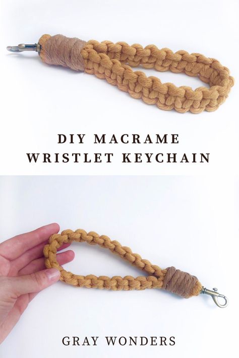 DIY Macrame Wristlet Keychain | EASY HANDMADE GIFT IDEA! How to make a macrame macrame keychain that will fit on your wrist. 💛 Paracord Wristlet Keychain Diy, How To Macrame Keychain, Wrist Keychain Diy, How To Make Macrame Keychains, Keychain Diy Easy, Macrame Keychain Wristlet, Macrame Keychain Tutorial, Diy Macrame Keychain, Macrame Wristlet Keychain