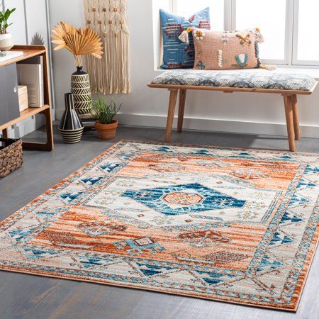 "The Tevazu Traditional Area Rug Collection features a central diamond motif and coordinating colors including blues, ivory, rust and tan. This collection stands its own remarkably against heavy foot traffic, spills, kids and pets, so you can place it in any room. That's because it's made of polypropylene fibers, which is one of the most durable materials. Rugs in this collection are made of medium pile and feel soft underfoot, making them perfect for living spaces and bedrooms. Machine made in Blue And Orange Rug, Cottage Rug, Light Blue Area Rug, Orange Rug, Cream Area Rug, Orange Area Rug, Traditional Area Rugs, Unique Spaces, Modern Boho