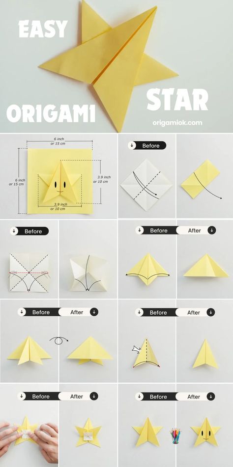 Star is an indispensable element of everyone’s childhood. Follow this simple instruction to fold a lovely star to make your child’s handbook, or greeting card more interesting and rich. Sticky Note Crafts, Diy Crafts Pencil Case, Easy Origami Animals, Origami Easy Step By Step, Origami Flowers Tutorial, Diy Gift For Bff, Origami Cards, Origami Step By Step, Origami Star