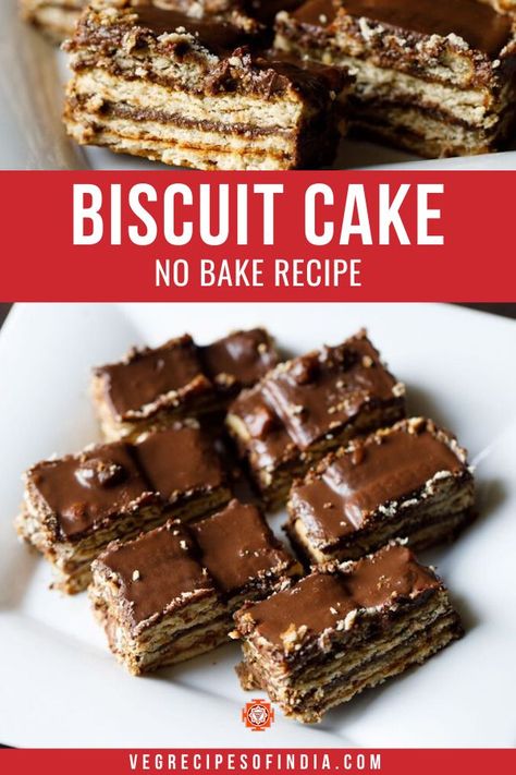 This no bake cake recipe is so delicious you just have to try it! It's made with Parle G biscuit cookies, chocolate, and a bit of instant coffee; where can you go wrong with this combination!? If you can't get Parle G biscuits, the recipe works just as great with Marie biscuits, sweet crackers or digestive biscuits. Try this quick and easy dessert recipe today! #dessert #Indianfood #vegetarian #recipes #snacks Parle G Biscuits, No Bake Cake Recipe, No Bake Biscuit Cake, Parle G, Marie Biscuits, Biscuits Sweet, Digestive Cookies, Eggless Cakes, Chocolate Biscuit Cake