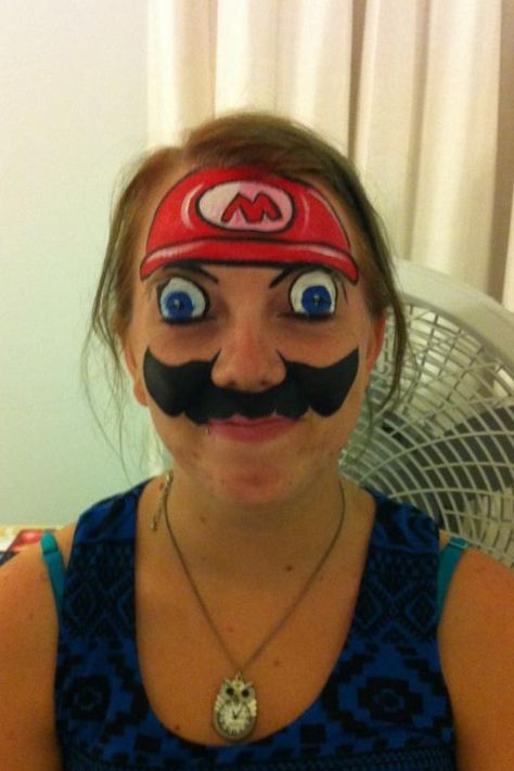 Creepy Mario Facepaint Funny Face Paint Ideas For Adults, Face Paint Ideas Full Face, Bad Face Paint, Funny Facepaints, Face Paint Characters, Cute Face Paint Ideas For Halloween, Crazy Face Paint, Full Face Painting Ideas, Red Face Paint Ideas