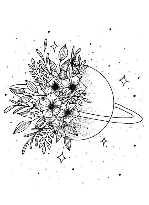 Georgia On My Mind Tattoo, Planet Flower Drawing, Flower Planets Art, Planet With Flowers Tattoo, Saturn And Flowers Tattoo, Saturn Floral Tattoo, Planet And Flowers Tattoo, Flower Planets Tattoo, Planet Flower Tattoo