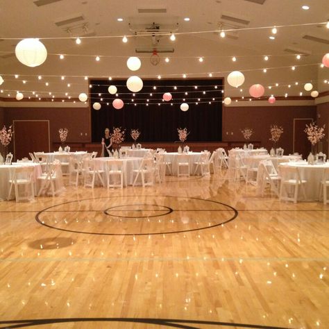 Cultural hall wedding #legacyweddingsutah Reception In A Gym, Semi Formal Dance Decorations, Wedding Reception Gym Ideas, Dinner Dance Decorations, Dance Hall Decorations, Event Hall Decoration, Birthday Hall Decorations Ideas, Birthday Decoration Ideas At Hall, Banquet Hall Decorations Birthday