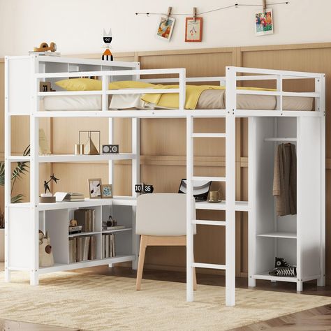 PRICES MAY VARY. 🥇🥇【Full loft bed with Desk and Storage】This full size loft bed with a L-shaped desk, 5 storage cubes and long shelf, The 55.5 inch space underneath the full size loft bed is a good place for you to read, do homework or play and create their own world to be explored. 🥇🥇【Full Size Loft Bed with Wardrobe-space saving】This full size loft bed with wardrobe is great for rooms with small or restricted space. The full loft bed is equipped with a wardrobe and comes with a hanging rod Queen Loft Bed For Adults, Loft Bed For Adults, Twin Loft Bed With Desk, Loft Bed For Kids, Loft Bed With Wardrobe, Loft Bed With Stairs, Queen Loft Beds, Desk And Storage, Full Loft Bed