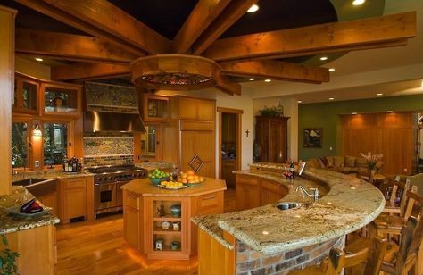 Unique and rustic kitchen with octagon shaped island fitting in the middle.2) Classic Kitchen, Luxury Kitchens, Counter Tops, House Goals, Kitchen Layout, Beautiful Kitchens, Log Homes, Rustic Kitchen, Dream Kitchen