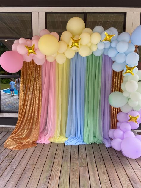 Rainbow Themed Birthday Party, Rainbow Backdrop, Birthday Party Backdrop, Party Backdrop, Themed Birthday Party, Balloon Garland, Backdrops For Parties, Pastel Rainbow, Birthday Party Themes