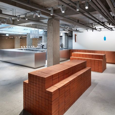 Korean Interior, Korean Interior Design, Blue Bottle Coffee, Timber Table, Minimal Furniture, Brick Tiles, Interior Modern, Minimalist Architecture, Blue Bottle