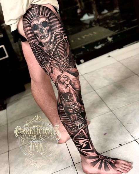 Anubis Leg Tattoo, Best Leg Tattoos, Lower Leg Tattoos, Egyptian Tattoo Sleeve, Full Leg Tattoos, Egypt Tattoo, Tattoo Inspiration Men, Skeleton Hand Tattoo, Back Of Shoulder Tattoo