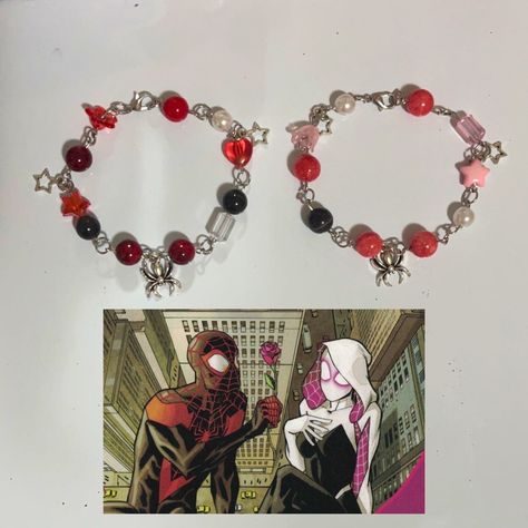 the new design for the bracelets i posted about a while ago as my charms finally came in!! i hope you still like the design and this bundle will be available for purchase in time for shop launch (coming soon!!). Spider Gwen Bracelet, Gwen Bracelet, Spider Man And Gwen, Bff Bracelets, Beaded Things, Nail Jewels, Design Bracelet, Spider Gwen, Jewelry Accessories Ideas