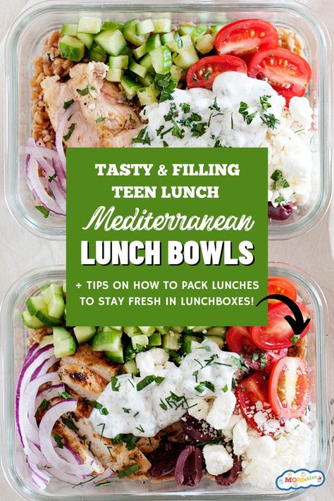 These Mediterranean Bowls make the perfect meal-prep lunch for growing teens (and adults)! Work Lunch Bowls, Healthy Teen Lunches, Lunch For Teens, Balanced Lunch Ideas, Teen School Lunch, Healthy Lunch For Teens, Chicken Farro, Mediterranean Lunch, Lunch Bowls