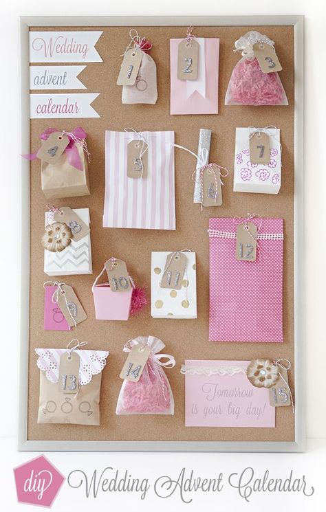 How to make a wedding advent calendar! Wedding Advent Calendar, Bride Kit, Wedding Emergency Kit, Best Bridesmaid Gifts, Wedding Kit, Bridesmaid Boxes, Day Countdown, Wedding Countdown, Countdown Calendar