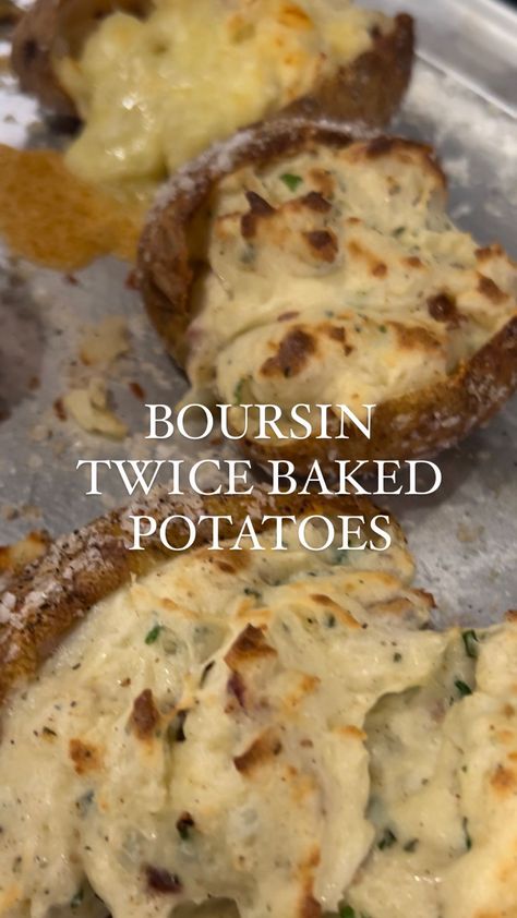 Entree With Mashed Potatoes, Boursin Baked Potato, Twice Stuffed Baked Potatoes, Boursin Twice Baked Potato, Boursin Potatoes Recipe, English Baked Potatoes, Boursin Cheese Potatoes, Crispy Baked Boursin, Double Baked Potatoes Recipe