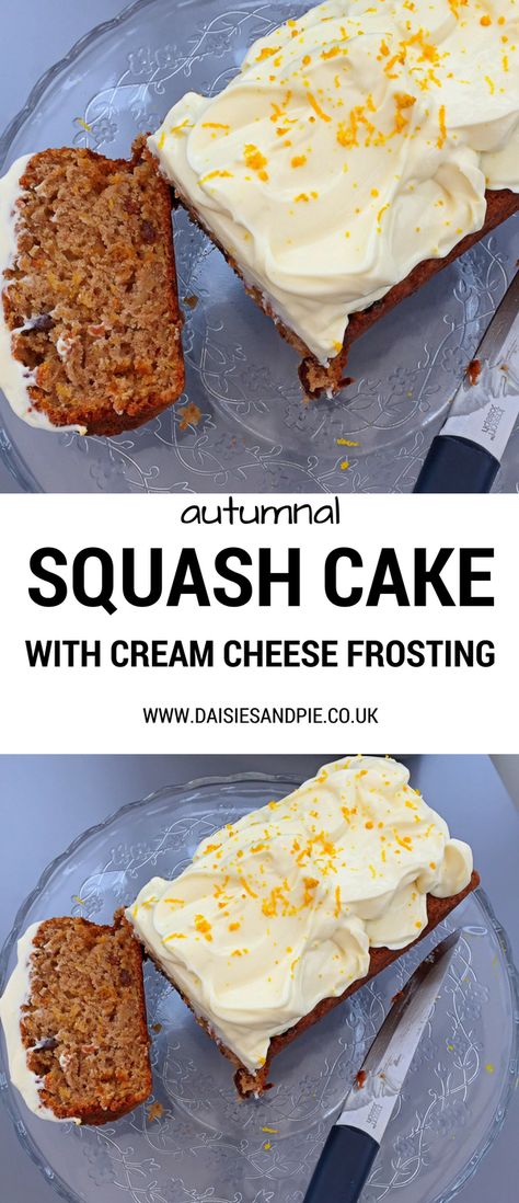 Autumnal squash cake with orangey cream cheese frosting, delicious autumn cake recipe, easy family food Yellow Squash Cake, Squash Cake, Squash Cakes, Autumn Squash, Bariatric Meals, Autumn Cake, Cupcakes Recipes, Healthy Cake Recipes, Amazing Desserts