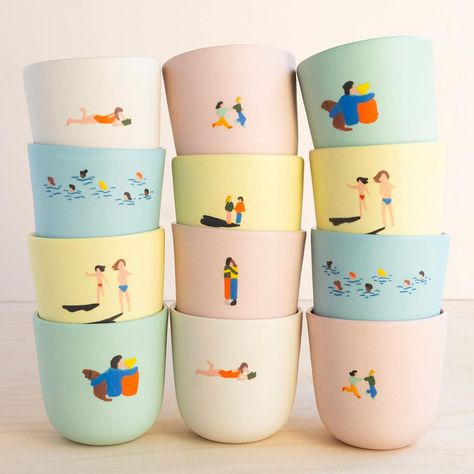 New ceramics from French brand @toptop_ceramique . Each piece is handmade and carefully hand painted. Let me tell you it was NOT easy to pick out which designs to go with. Each one is SO precious. We have these in 2 sizes! The small cups feature animals while the larger cups feature tiny figures. 🚶🏻‍♀️ Illustration On Ceramics, Acrylic Paint On Ceramic Mug, Small Ceramic Animals, Cute Hand Painted Mugs, Handpainted Ceramic Mug, Animal Cups Ceramics, Ceramic Illustration, Ceramics Painting, Nantes France