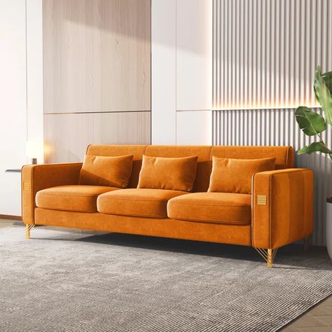 Dwayne 86.6'' Upholstered Sofa Sofa With Pillows, Living Room Orange, Velvet Loveseat, Modern Sofa Sectional, Sectional Sofa Couch, Comfy Sofa, Gold Pillows, Brown Living Room, Living Room Spaces