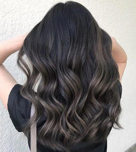 Deep Ash Brown Balayage, Grey Brown Balayage On Black Hair, Deep Mushroom Brown Hair Color, Dark Brown Hair With Ash Brown Lowlights, Dark Ash Brown Hair With Lowlights, Ash Beige Balayage On Black Hair, Ash Brown Balayage Black Hair, Dark Neutral Hair Color Ideas, Dark Ash Grey Balayage