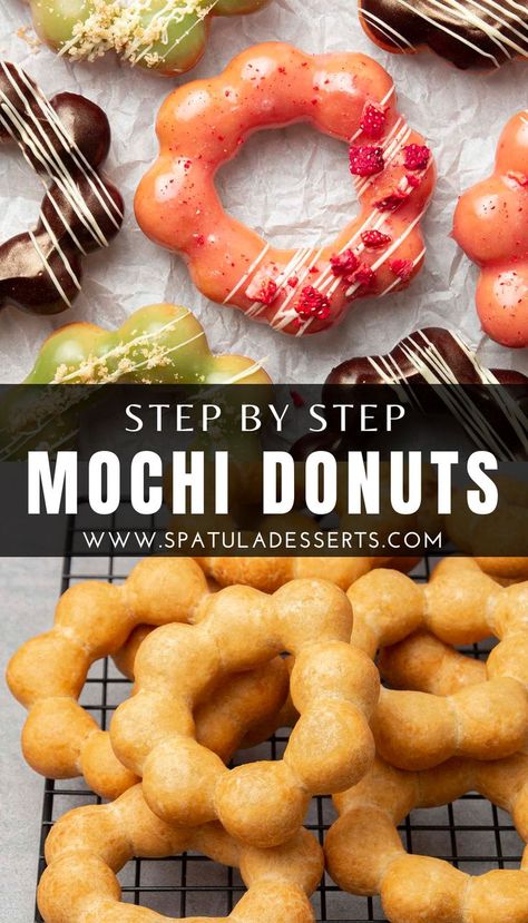 Crazy delicious mochi donuts for summer Fun Donut Recipes, Puffy Donut Recipe, Asian Donut Recipe, Things To Bake Easy Desserts, Advanced Dessert Recipes, Savory Mochi Recipe, Poi Mochi Donut Recipe, Amazing Baked Goods, How To Make Mochi Donut