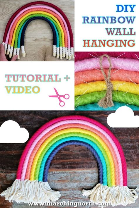 Learn how to make this easy DIY Rainbow Wall Hanging out of cotton macrame rope and yarn.  Create a beautiful piece of fiber art that’s perfect for your nursery, kids room, playroom, or any area of your home that needs a statement piece and a big pop of color and texture! | craft project | tutorial | video | DIY wall hanging | DIY home decor | DIY nursery decor | rainbow art | yarn crafts | fiber crafts | easy crafts #diy #yarn #diyhomedecor Diy Rainbow Wall, Texture Craft, Yarn Crafts For Kids, Rainbow Yarn, Diy Nursery Decor, Rainbow Wall Decor, Rainbow Diy, Hanging Diy, Fiber Crafts