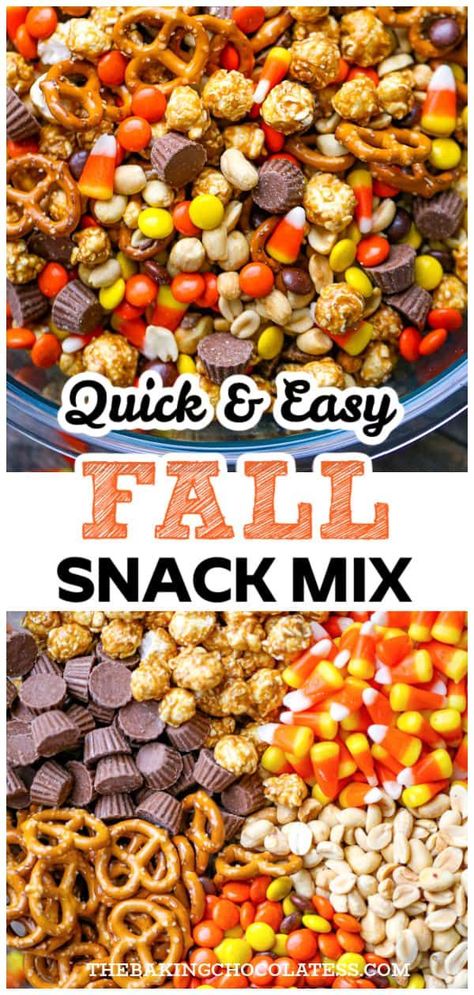 Discover fun and easy fall snack mix ideas! These simple party food recipes will have your guests craving more. Filled with irresistible sweets, candy, and delectable desserts, they're the perfect comfort food for the fall season. Ideal for casual hangouts or festive gatherings. Try them out and sweeten up your autumn celebrations! Fall Snack Mix Ideas, Football Breakfast, Fall Trail Mix Recipe, Breakfast Tailgate, Fall Snack Mix Recipes, Fall Chex Mix Recipes, Halloween Chex Mix Recipes, Fall Party Snacks, Candy Corn Mix