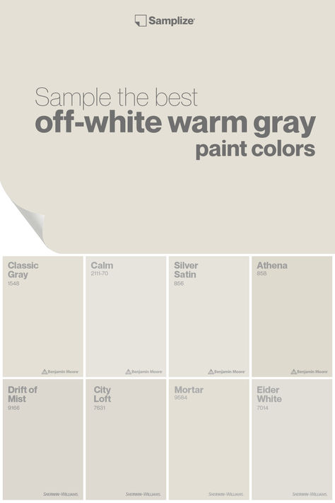 Sample the best off-white warm gray paint colors with Samplize curated to enhance your living space effortlessly! Off White Grey Paint Colors, Creamy Grey Paint Colors, Toasty Gray Behr Paint, Soft Gray Paint Colors, Neutral Gray Paint Colors, Warm Gray Paint Color, Warm Grey Paint, Warm Gray Paint Colors, Beach Exterior