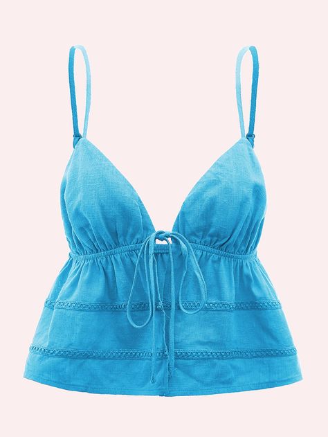 SHEIN ICON Tie Front Cami Top | SHEIN Summer Tops Shein, Cami Top Outfit, Tie Front Cami Top, Blue Summer Top, Cute Summer Shirts, Blue Cami, Cute Summer Tops, Shein Icon, Top Shein