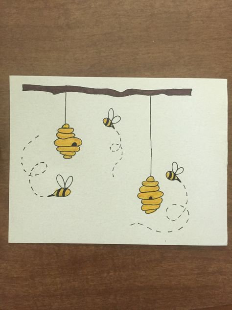 Easy Bee Hive Drawing, Honeybee Drawing Simple, Doodle Bee Draw, Cute Bee Painting Simple, Honey Bee Painting Easy, Painting Bees Easy, Bee Doodle Simple, Cute Honey Bee Drawing, Bumblebee Doodle