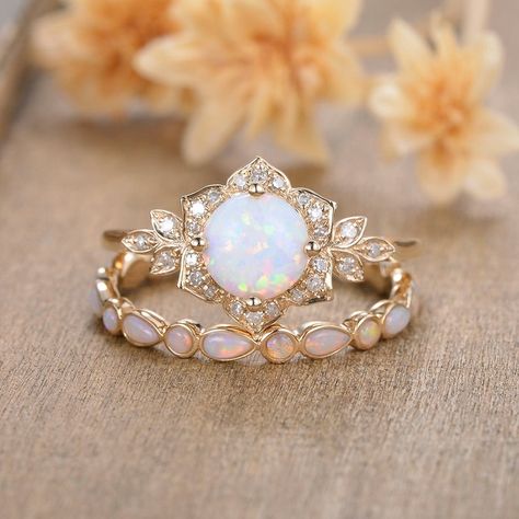 Vintage Opal Engagement Ring Set, Opal And Aquamarine Engagement Ring, Flower Wedding Ring Set, Unique Opal Engagement Rings, Diamond And Opal Engagement Ring, Opal Rings Engagement, Natural Stone Engagement Ring, Wedding Ring Opal, Opal Ring Engagement