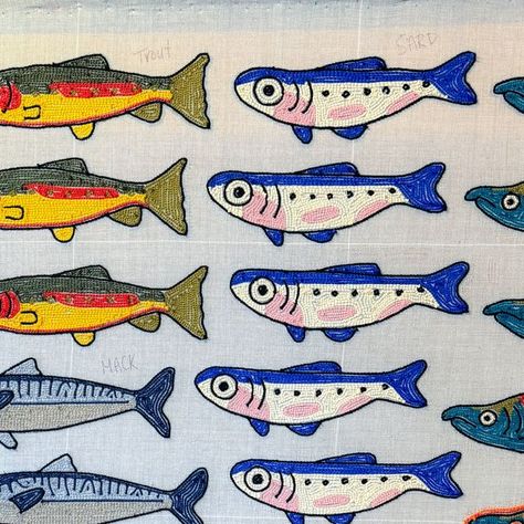 Hanna Eidson on Instagram: "This batch of fishies is FINALLY almost done after even more tufting gun woes 🙃 Good news for anyone who likes a good deal though! Because some of these fishies are a bit wonky and I will have them available at a discount at @halifaxcrafters in a few weeks! 🐟 . . . . . . . . . . . #fish #fishies #fishing #tufting #tuft #tuftingart #tuftingmachine #tuftingrugs #tuftingartist #tufted #fishart #fishartwork #fishartist #wip #wipart #wipartwork #workinprogress #workinprogressart #art #artist #artlover #fishy #fishyfishy #herefishyfishy" Stylised Animal Illustration, Funky Fish Art, Cute Fish Illustration, Illustrated Fish, Fish Doodle, Fishing Illustration, Fish Illustrations, Tufting Ideas, Fish Pictures