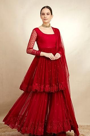 Wedding Sarara Dress, Sharara Designs From Saree, Net Pattern Dress, Net Sarara Dress, Red Sarara Dress, Sara Ali Khan Red Sharara, Sharara Set Designs, Sarara Dress Indian Weddings, Net Sharara Designs