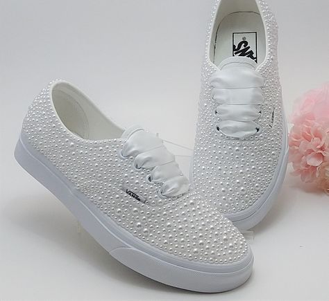 Diy Pearl Vans, Bedazzled White Vans, Pearl Vans Wedding, White Vans For Wedding, Diy Pearl Sneakers, White Wedding Vans, Bridal Vans Shoes, Bride Vans Shoes, Diy Wedding Sneakers