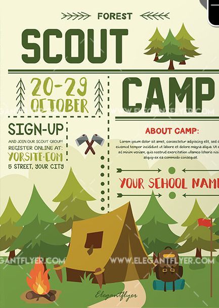 Scout Camp – Free Flyer PSD Template Camping Design Ideas, Camping Poster Design, Fliers Design Flyers, Camp Brochure, Camp Poster, Camping Poster, Camp Flyer, Camp Design, Boy Scout Camping