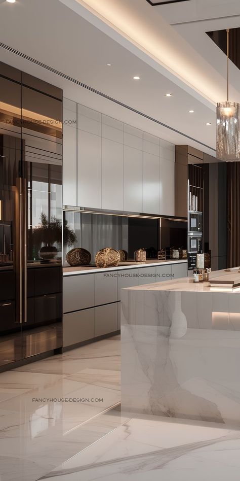 The minimalist cabinetry in the kitchen features flat-panel doors and push-to-open mechanisms for an uncluttered façade. Contemporary Luxury Kitchen, Kitchen Luxury Design, Luxury Kitchen Interior Design, Wall Design Home, Modern Minimalist Kitchen, Elegant Kitchen Design, Desain Pantry, تصميم داخلي فاخر, Modern Kitchen Cabinet Design