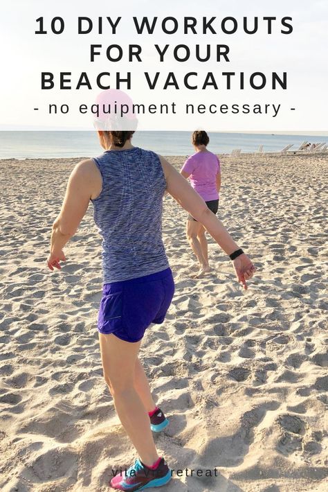 Heading to the beach for vacation? Grab these 10 no equipment necessary workouts to take with you. You won't need a gym - just yourself and a beach (or a park) to get these workouts in. #getfit #workout #workoutmotivation #beachworkout #beachvacation #vacationworkouts Beach Workout No Equipment, Beach Bootcamp Workout, Sand Workouts Beach, Vacation Workout Plan, Beach Exercises, Workout On The Beach, Sand Workout, Beach Workout Routine, Lacrosse Training