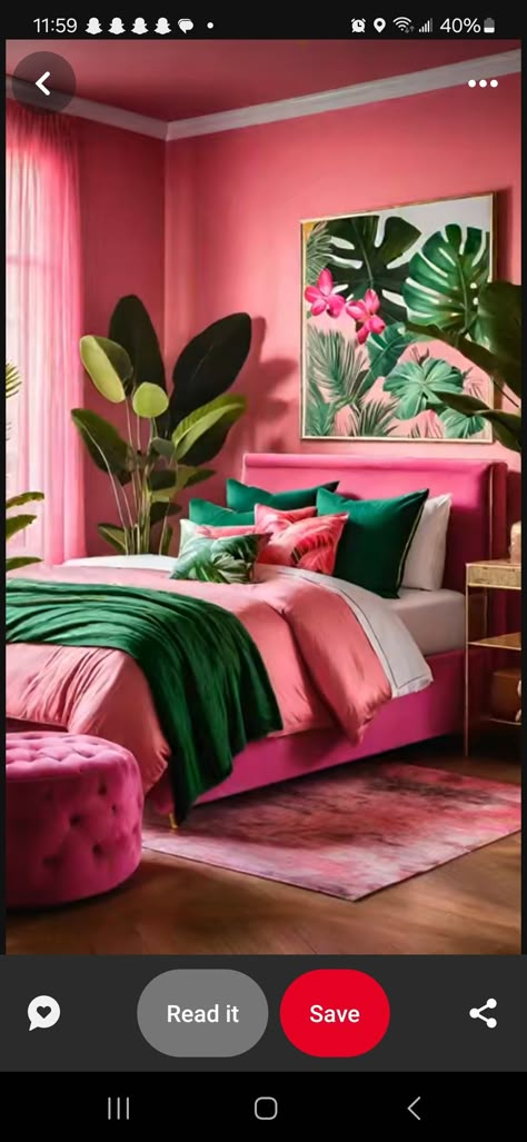 Bright Tropical Bedroom, Tropical Pink Bedroom, Tropical Glam Bedroom, Tropical Bedroom Ideas, Bedrooms Pink, Pink Green Bedrooms, Hot Pink Bedrooms, Black And White Living Room Decor, Tropical Bedroom Decor