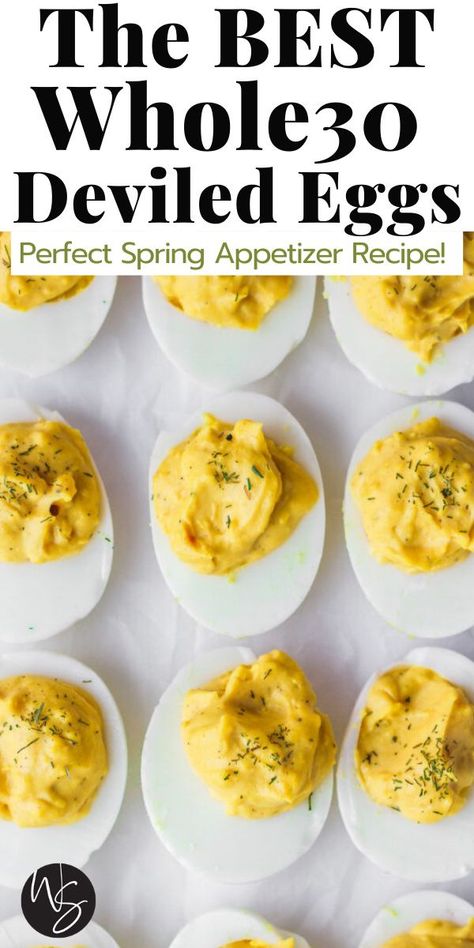 The BEST Whole30 Deviled Eggs – the perfect spring appetizer! This classic recipe is easily made Whole30/paleo, clean eating! Make this recipe for any appetizer or use all of your Easter hard boiled eggs up with the delicious and healthy snack. #TheBestDeviledEggs #Whole30DeviledEggs #TheWoodenSkillet Whole 30 Deviled Eggs, Healthy Snacks For Superbowl, Whole30 Deviled Eggs, Low Cal Deviled Eggs, Whole 30 Easter Recipes, Whole 30 Easter, Carnivore Deviled Eggs, Whole 30 Appetizers, Deviled Eggs Healthy