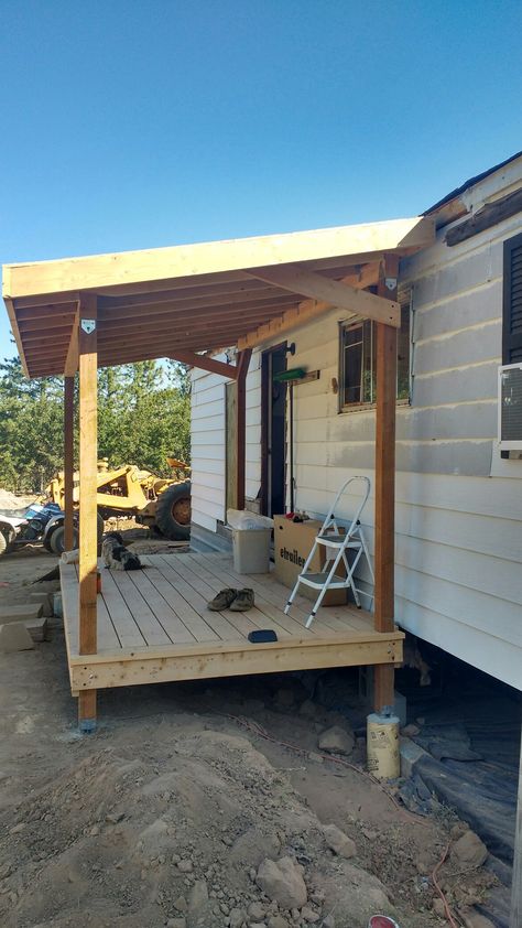 Small Porch Mobile Home, Small Wooden Porch Ideas, Diy Small Front Porch Ideas Decks Mobile Homes, Porch Covering Ideas, Lean To Porch Ideas, Small Covered Porch Ideas, Trailer Porch Ideas, Camper Porch Ideas, Small Covered Porch