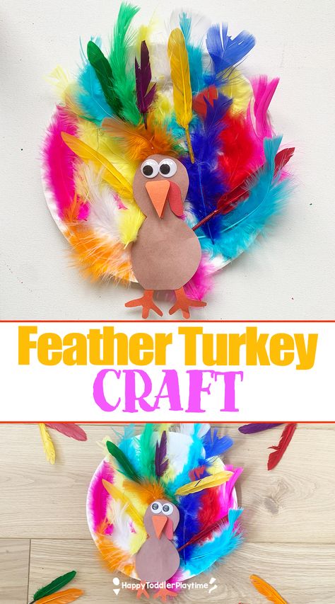 Feather Turkey Craft - Happy Toddler Playtime Turkey Craft Kindergarten Easy, Tk Thanksgiving Crafts, Turkey Feather Activities Preschool, Turkey Craft With Paper Plate, Decorate Turkey Feather For School, Thanksgiving Class Craft Ideas, Thanksgiving Feather Project, School Age Thanksgiving Crafts, I Am Thankful For Turkey Craft