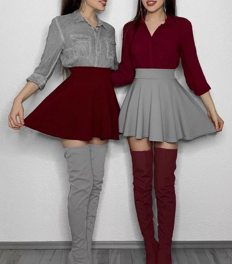 Grey & maroon High Boots, Knee High, Boots, Grey, Wall, Red, White