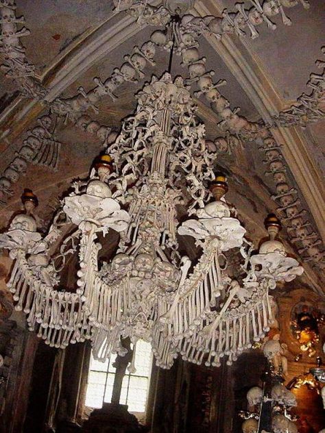 I've actually been here, it's the Sedlec Ossuary (Kostnice Sedlec). A gloriously macabre church decorated with the bones of roughly 40,000 individuals...so creepy yet awesome. Sedlec Ossuary, Kutna Hora, Skulls And Bones, Spooky Places, Human Bones, Bone Art, New Interior Design, Post Mortem, Skull And Bones