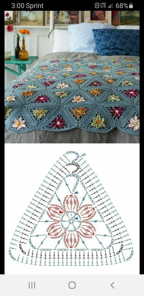 Pattern by marifu6a Crochet Triangle Pattern, Motifs Afghans, Virkning Diagram, Tote Crochet, Crochet Bedspread Pattern, Pola Amigurumi, Easy Crochet Blanket, Crochet Motif Patterns, Crochet Bedspread