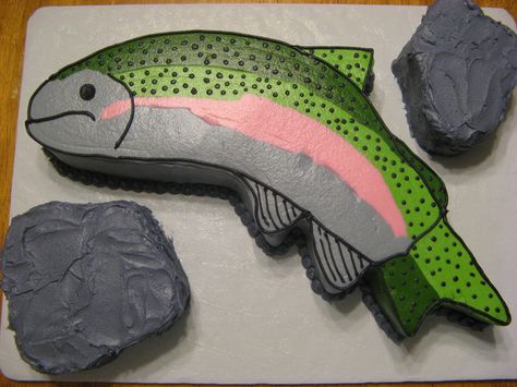 Rainbow trout groom's cake. Rainbow Trout Cake Birthday, Rainbow Trout Cake, Trout Birthday Cake, Trout Cake, Masculine Cake, Fish Cake Birthday, Kid Cakes, Fish Party, Fish Birthday