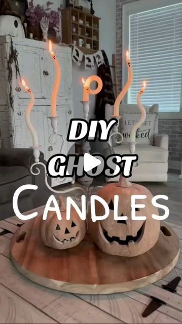 DECOR STEALS on Instagram: "DIY Ghost Candles with @_simplyandrews_ and our perfect Distressed Scrollwork Candelabra  ✔️ Soak candles on stove top for 15 minutes at the lowest setting. (Make sure the water temp is tolerable to work with)  ✔️ Slowly shape candles to desired style. (Bend gently) TIP: Shaping the candle while still in the water worked much better for me.  ✔️ Let candles sit for a few minutes after shaping to harden again.  ✔️ Draw on eyes and mouth with a fine tip black paint marker.  #diycandles #ghostcandle #halloweendecor #candelabra #srylingtips #howto #halloweendecorating #halloweenstyling" Bending Candles Diy, Diy Candelabra How To Make, Ghost Candles Diy, Diy Candelabra, Shape Candles, Diy Ghost, Ghost Candles, Ghost Diy, 2024 Halloween