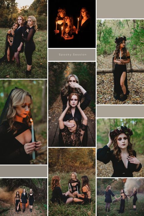 Spooky season almost always comes with witches! I hosted this witches styled shoot last year and it ended up being amazing! Check out more from this session on my blog post! Cool Halloween Photoshoot Ideas, Diy Witch Photoshoot, Women’s Halloween Photo Shoot, Good Witch Photoshoot, Sister Witch Photoshoot, Dark Spooky Photoshoot, Witch Woods Photography, Witch Coven Photo Shoot, Halloween Photoshoot With Friends