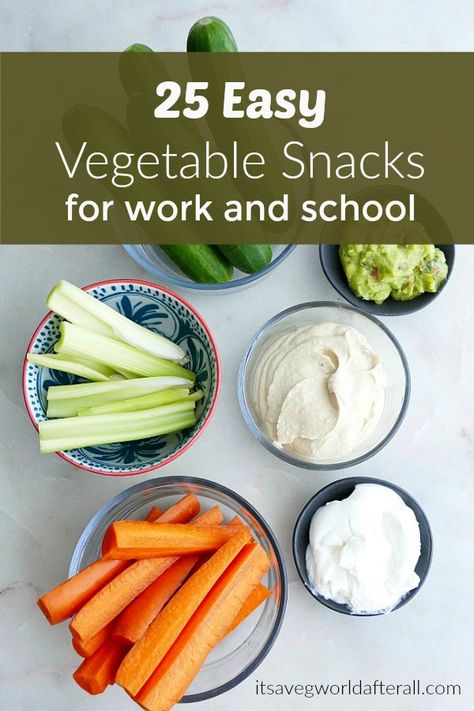 25 Easy Vegetable Snacks for Work and School- these make ahead snacks are simple, tasty, and nutritious. Prep some of them in advance for healthy weekday snacking! #veggies #snackattack #healthysnacks Easy Vegetable Snacks, Make Ahead Snacks, Vegetable Chips Baked, Healthy Veggie Snacks, Veg Snacks, Vegetable Snacks, Veggie Snacks, Filling Snacks, Easy Vegetable