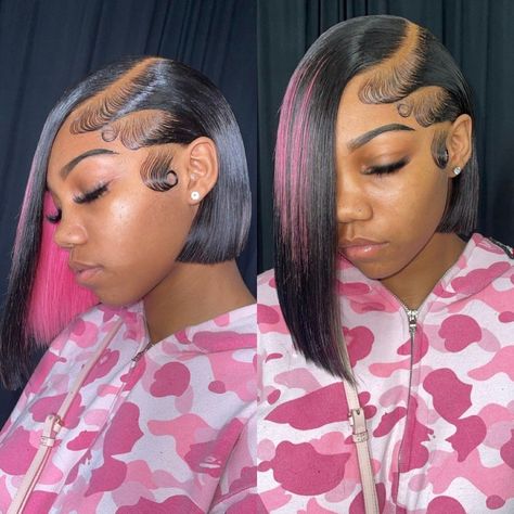 Bob With Pink Underneath, Pink And Black Bob, Side Part Quick Weave, Braided Half Up Half Down Hair, Side Part Bob, Quick Weave Bob, Bob Weave, Wig Colors, Protective Hairstyles For Natural Hair