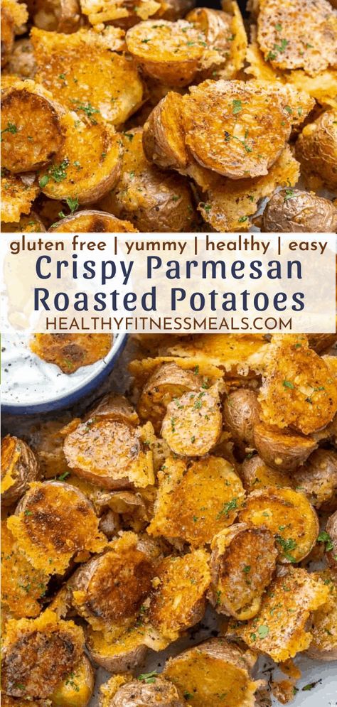 These crusted Parmesan crispy roasted potatoes are so good and easy to make. Perfectly roasted in the oven for an easy side dish ready in minutes. #crusted #crispy #parmesan #healthyfitnessmeals Parmesan Crusted Potatoes Dies Das, Parmesan Oven Potatoes, Crispy Parmesan Potato Bites, Parmesan Crusted Roasted Potatoes, Roasted Parm Potatoes, Oven Roasted Crispy Parmesan Crusted Potatoes, Crunchy Oven Potatoes, Crispy Parmesan Roasted Potatoes, Oven Baked Parmesan Potatoes