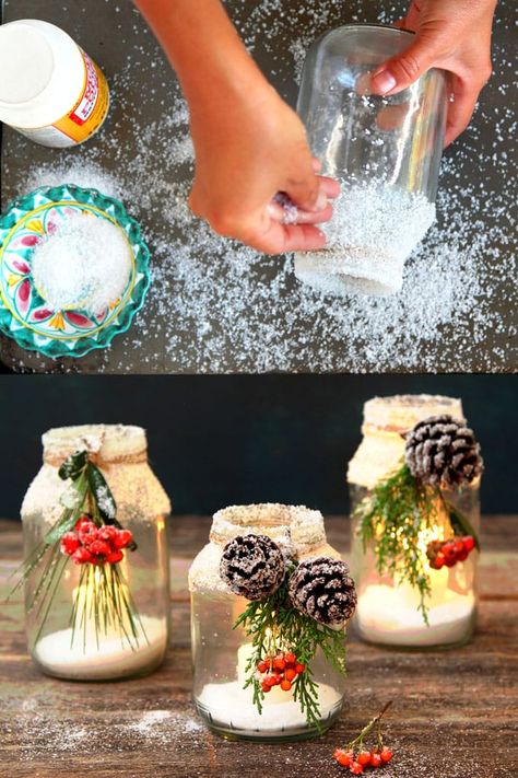 $1 snowy DIY mason jar centerpieces in 5 minutes: easy & beautiful winter wonderland crafts & decorations for weddings, holidays, Thanksgiving & Christmas!  - A Piece of Rainbow #masonjars #masonjarcrafts #recycle #diy #homedecor #homedecorideas #vintage #vintagewedding #weddingdecor #weddingdecorations #snow #bohemiandecor #farmhouse #farmhousedecor #holiday #diy #christmas #christmasdecor #christmasideas #thanksgiving Diy Mason Jar Centerpieces, Jul Diy, Deco Table Noel, Diy Mason Jar, Jar Centerpieces, Christmas Centerpieces Diy, Diy Jar Crafts, Christmas Mason Jars, Mason Jar Crafts Diy