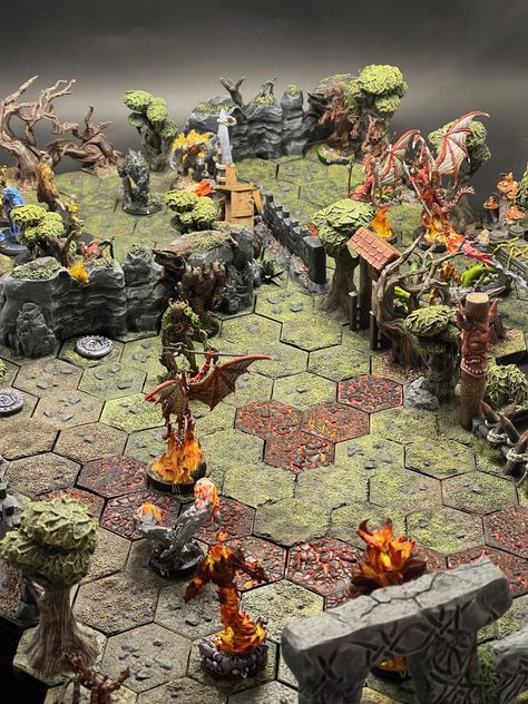 Fully 3D printed and painted map and monsters for the Gloomhaven board game (Scenario 14, Plane of Elemental Power). The terrain is modular and can be rearranged in any other way. Check out more pictures of this level in my Instagram account (follow the link in the pin) 🙂 You can also find there pictures of other fully printed Gloomhaven scenarios painted in different styles :) Modular Terrain, Painted Map, Green Scenery, Game Terrain, Elemental Powers, Your Cards, Map Painting, Tabletop Games, Outdoor Style